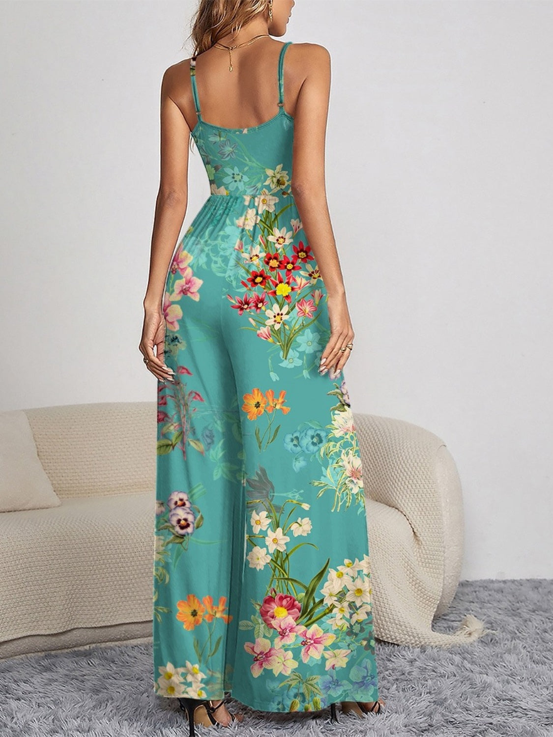 FAM-FAM Decorative Button Spaghetti Strap Wide Leg Jumpsuit 