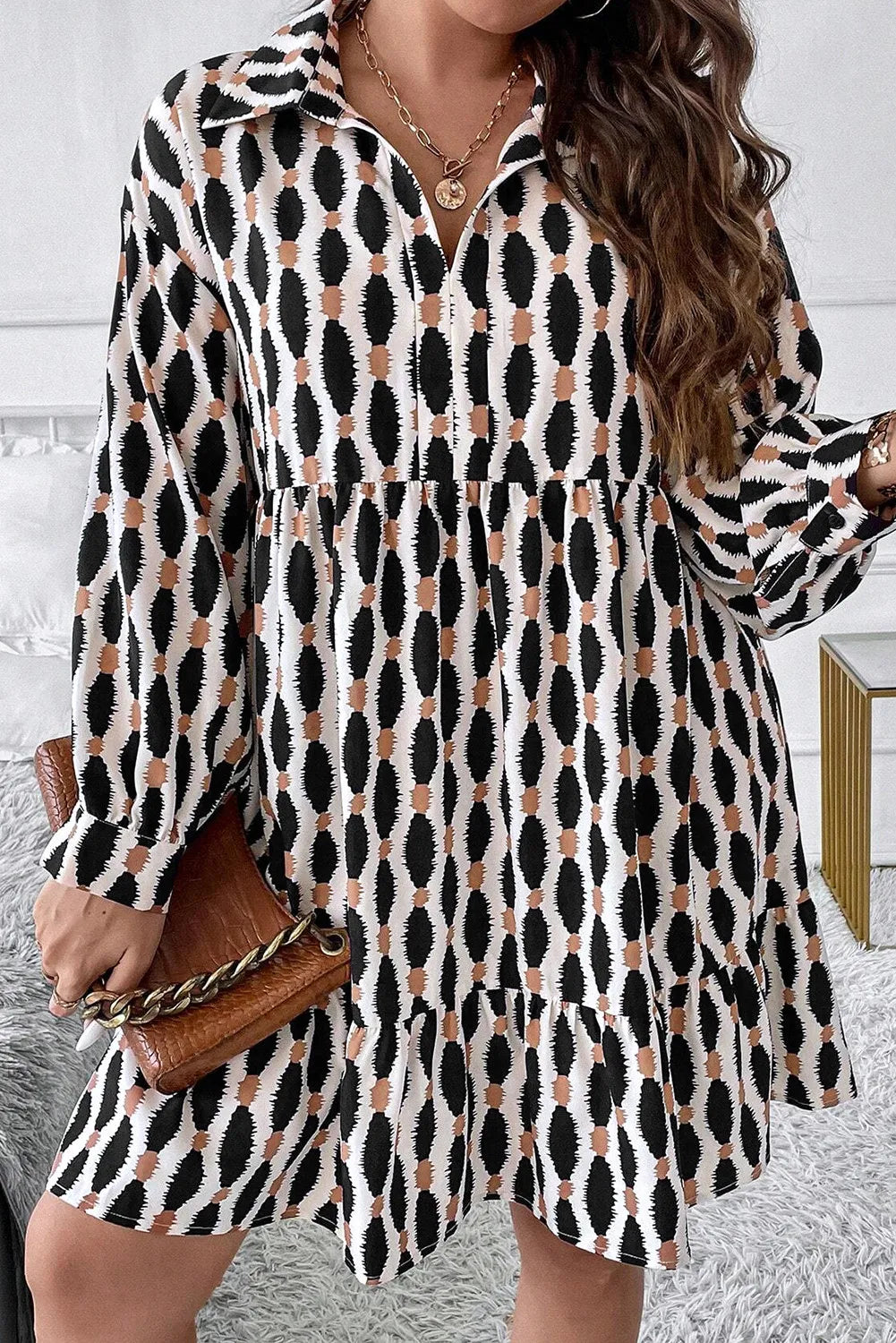 Plus Size Printed Johnny Collar Long Sleeve Dress 