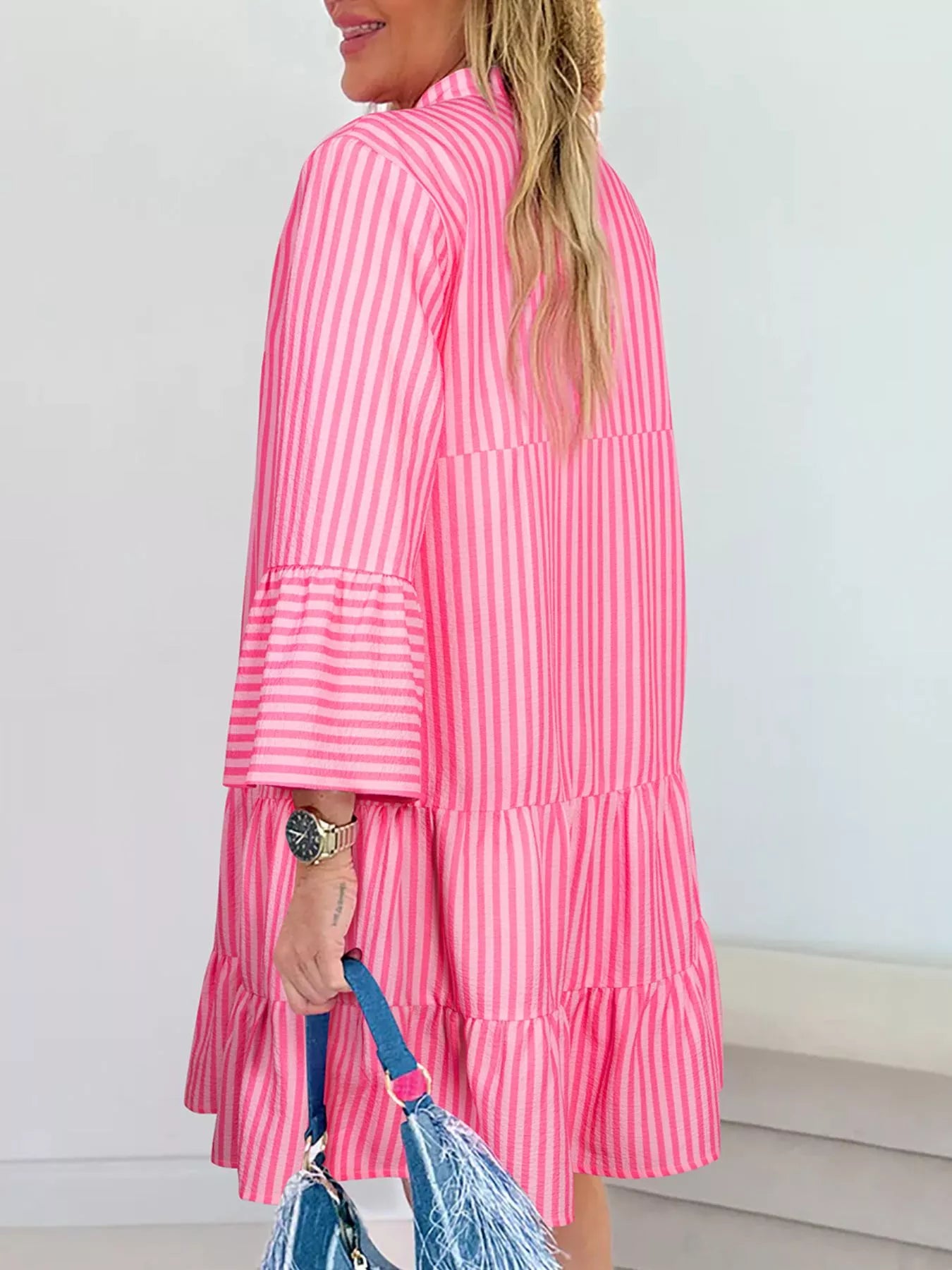 Stripe Flare Sleeve Half Placket Tiered Flowy Mini Dress 