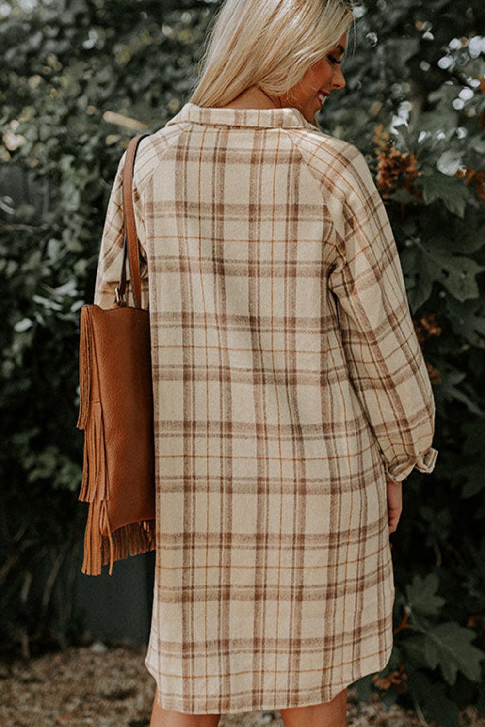 Plaid Collared Neck Long Sleeve Mini Shirt Dress 