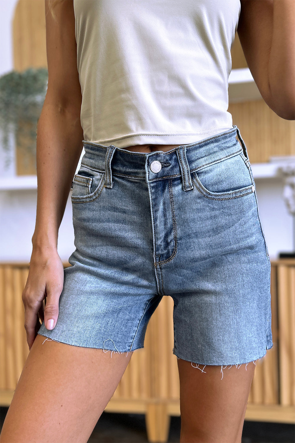 Judy Blue Full Size High Waist Raw Hem Denim Shorts 