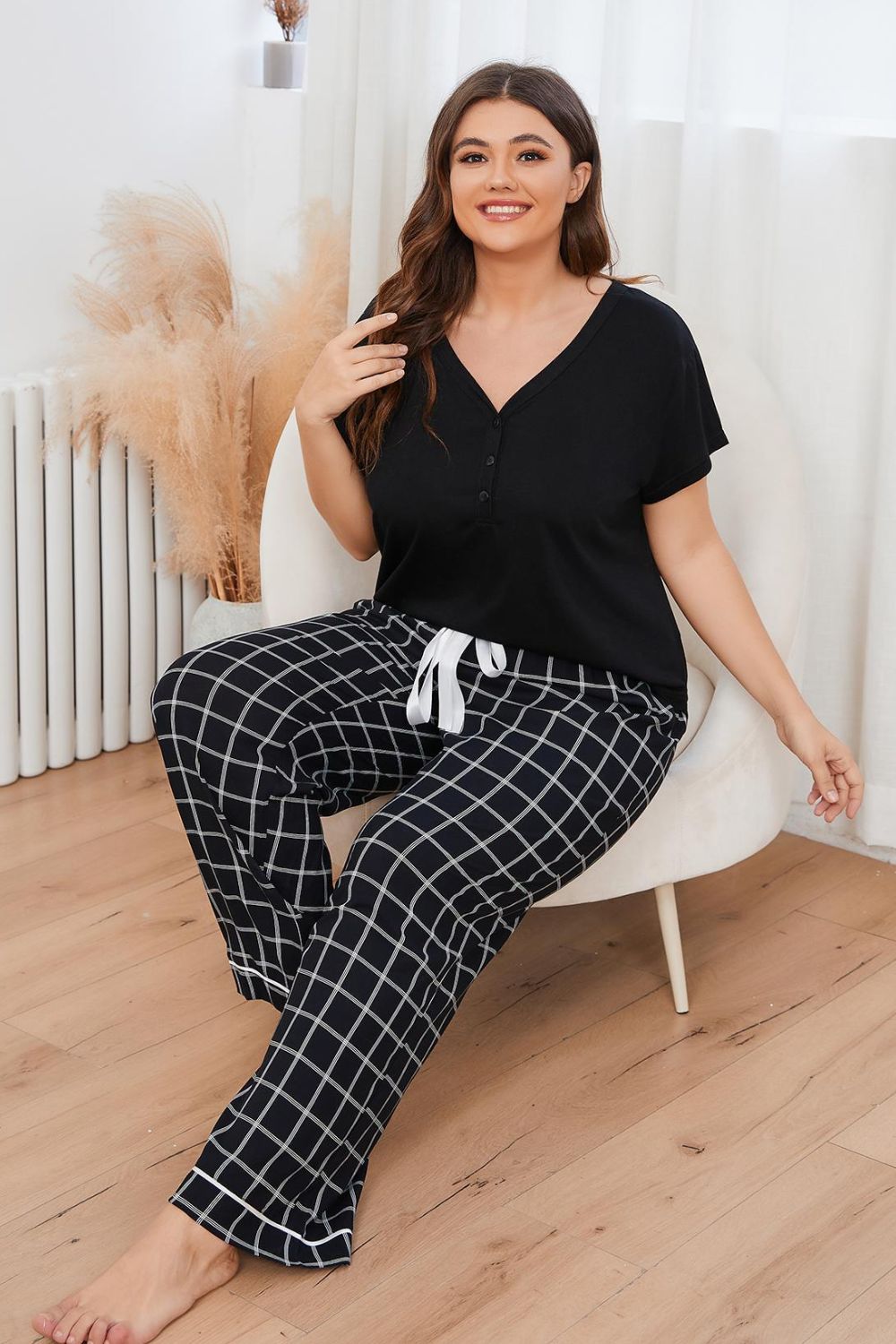 Plus Size V-Neck Top and Plaid Pants Lounge Set 