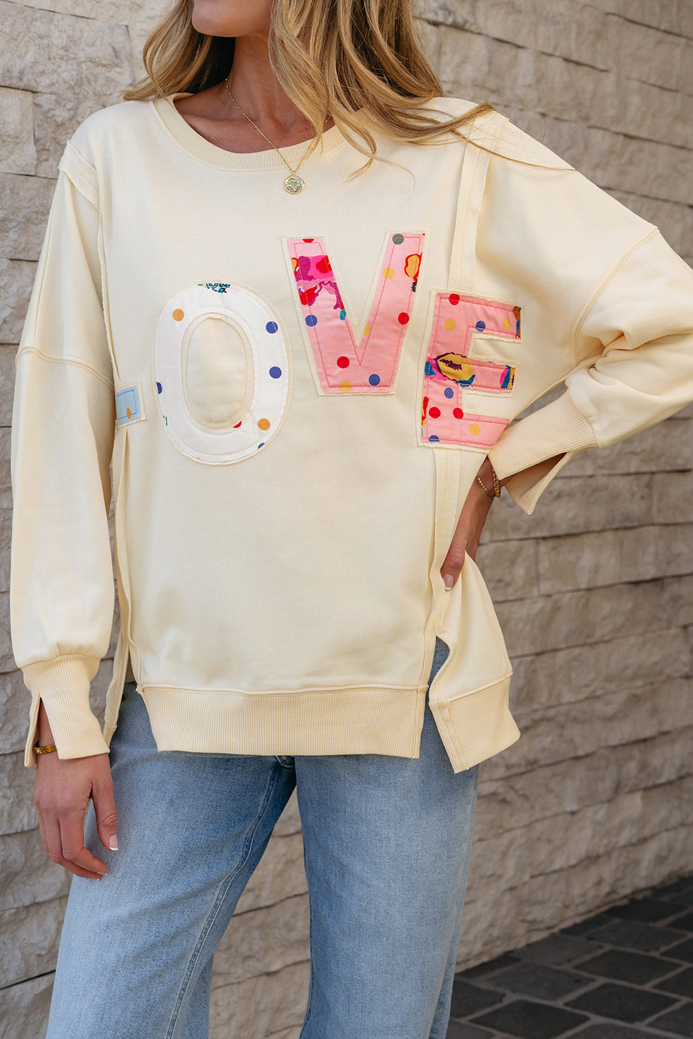 Apricot LOVE PATCH Graphic Oversized Sweatshirt Tops/Sweatshirts & Hoodies