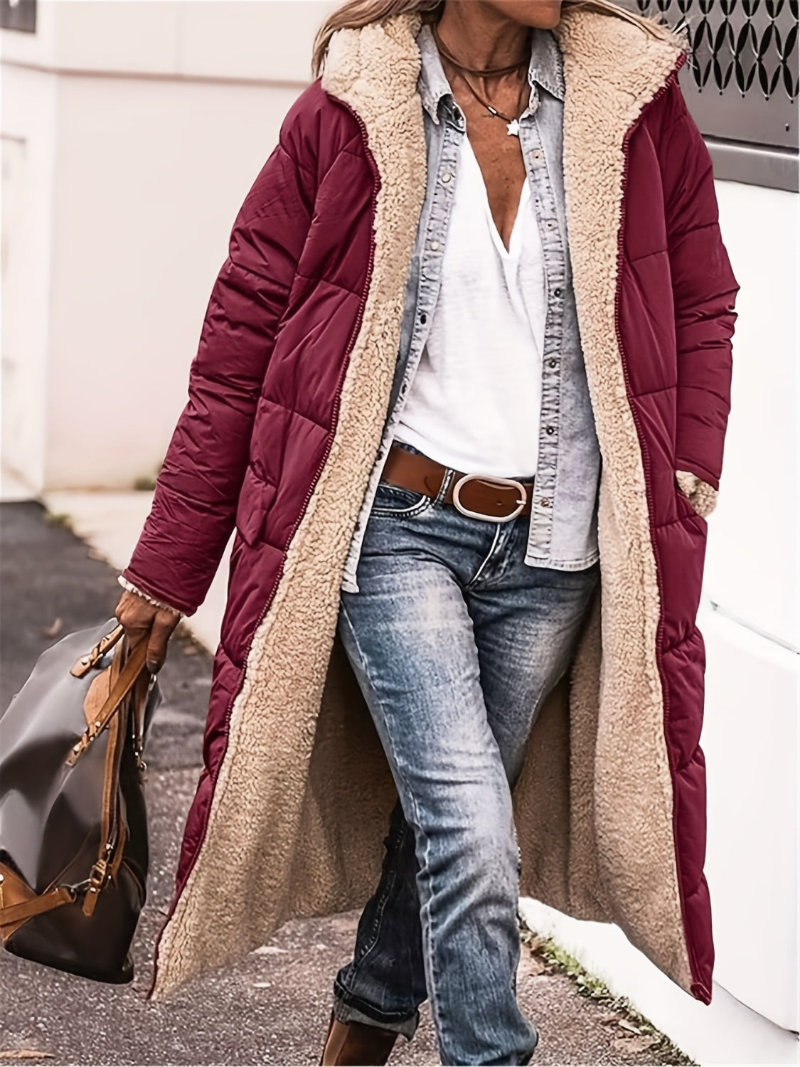 Plus Size Zip Up Sherpa Hooded Coat 