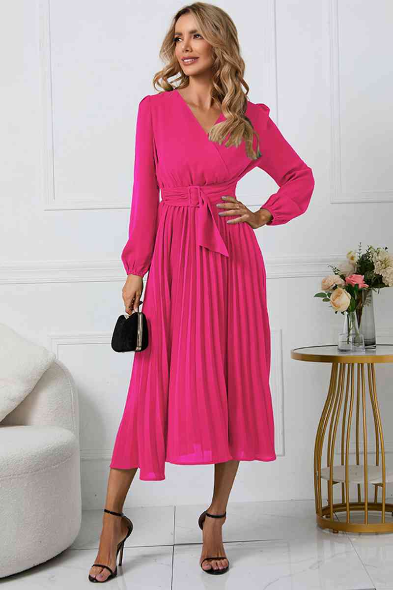 V-Neck Long Sleeve Tie Waist Midi Dress Dresses
