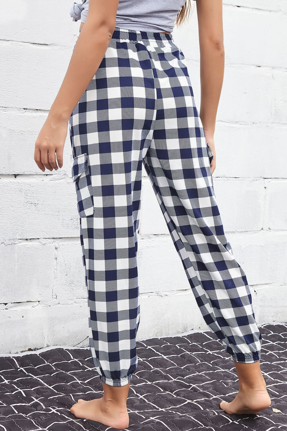 Perfee Plaid Elastic High Waist Cargo Pants 