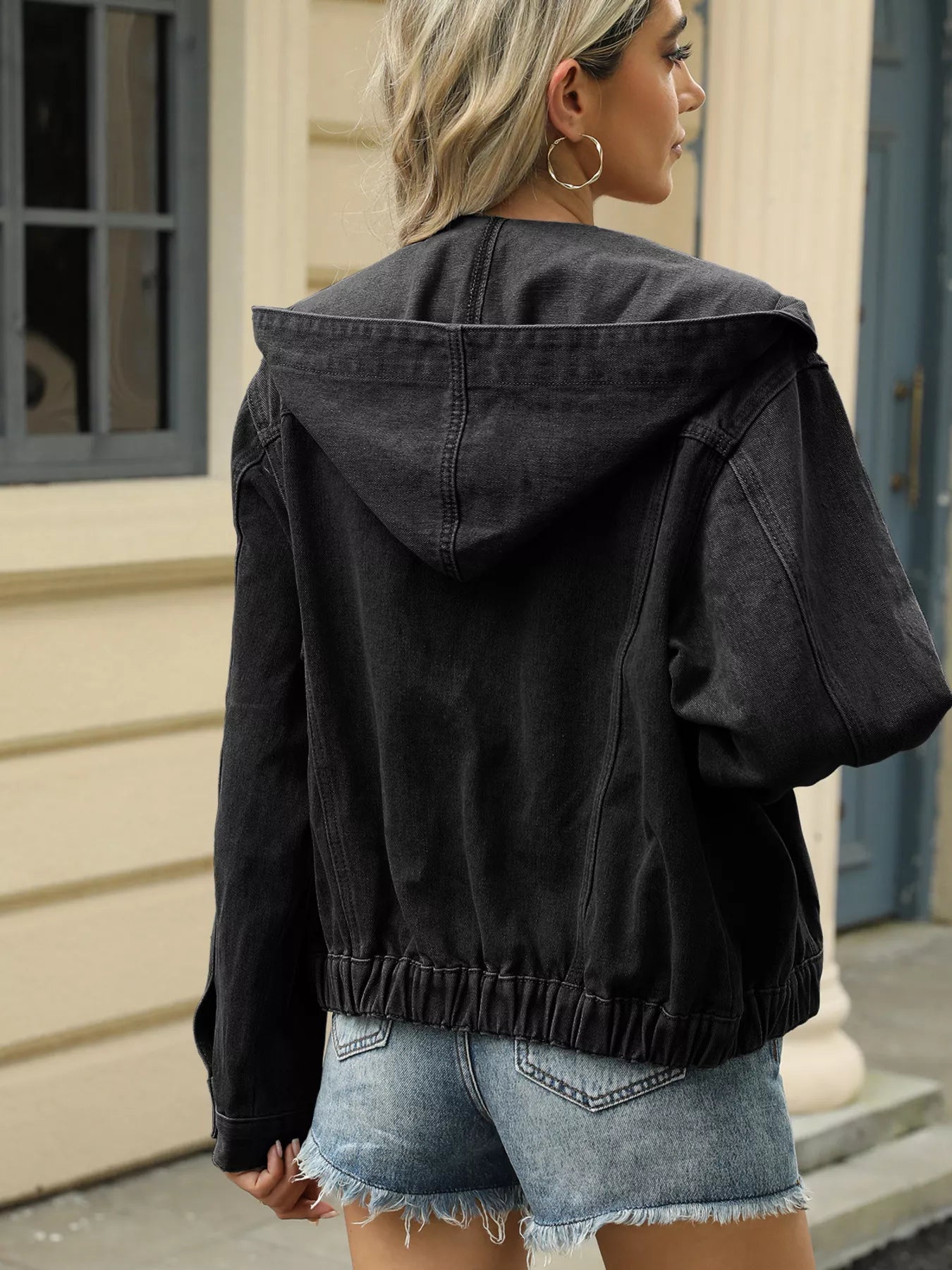 Washed Button Up Hooded Denim Jacket 