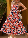 Perfee Frill Backless Printed Sleeveless Midi Dress Dresses