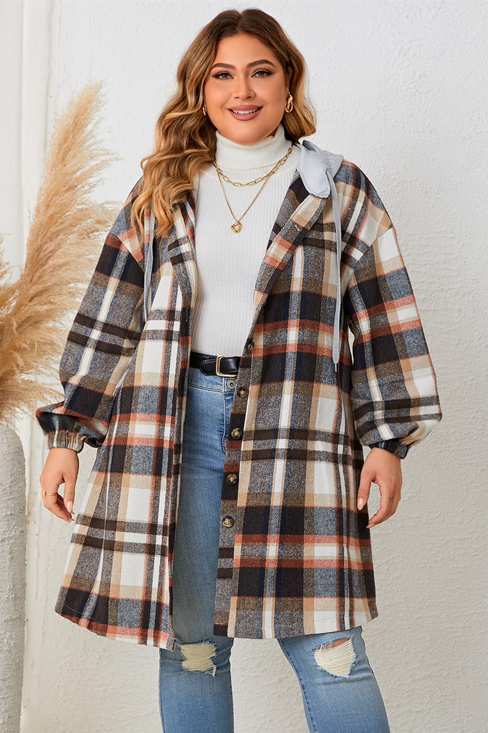 Honey Plus Size Plaid Drop Shoulder Hooded Coat 