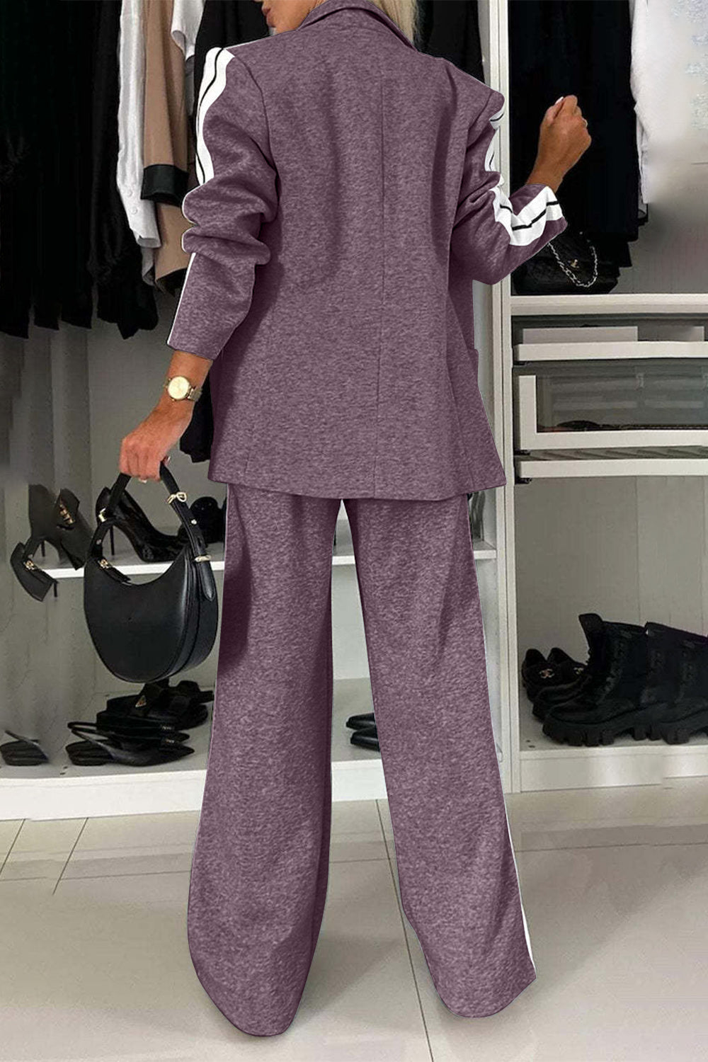 Full Size Contrast Lapel Collar Top and Pants Set 