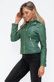 Snobbish Faux Leather Zip Up Drawstring Hooded Jacket 