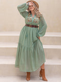 Plus Size Tassel Printed Tie Neck Long Sleeve Midi Dress 
