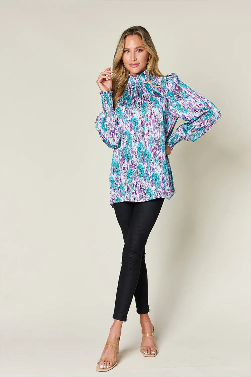 Double Take Full Size Printed Smocked Long Sleeve Blouse 