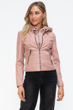 Snobbish Faux Leather Zip Up Drawstring Hooded Jacket 