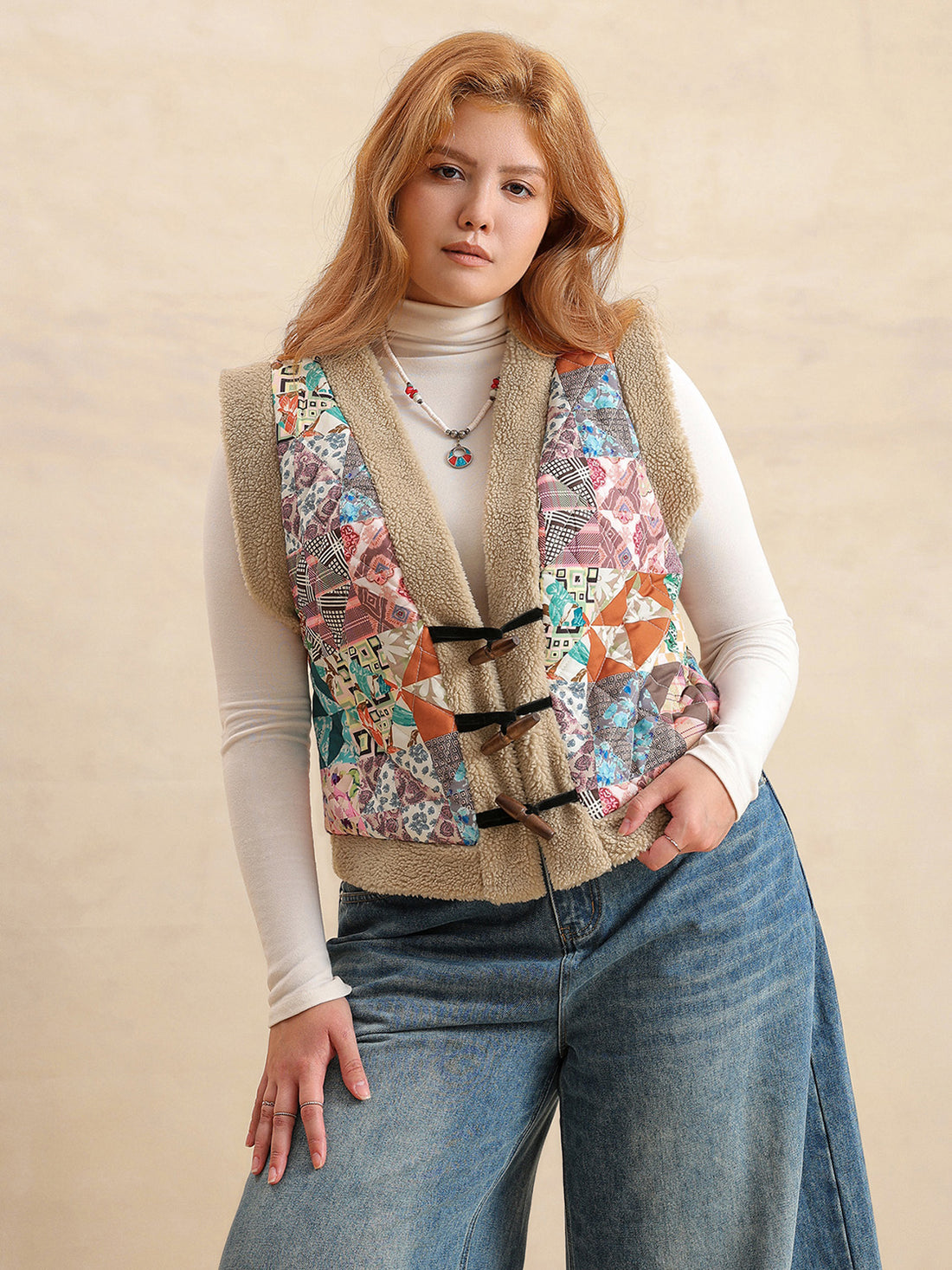 Plus Size Printed Sherpa Vest Coat 