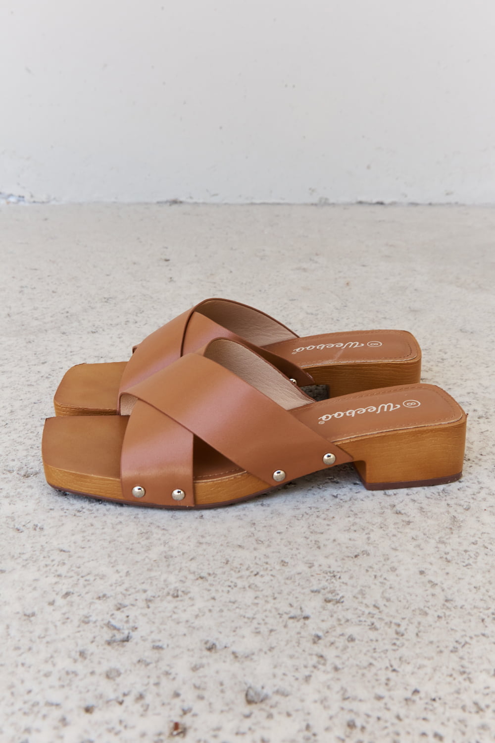Weeboo Step Into Summer Criss Cross Wooden Clog Mule in Brown 