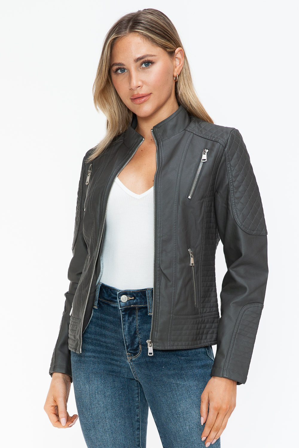 Snobbish Faux Leather Zip Up Mock Neck Jacket 
