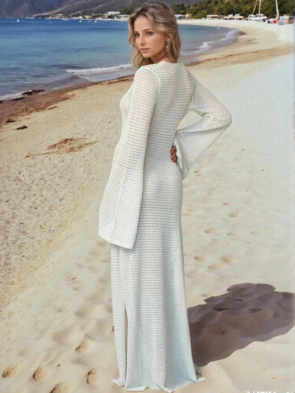 Slit Plunge Flare Sleeve Cover-Up Dress 