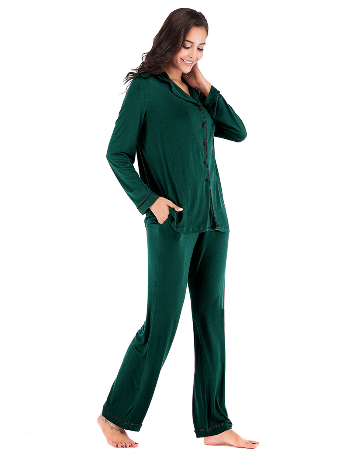 Collared Neck Long Sleeve Loungewear Set with Pockets Lingerie & Nightwear