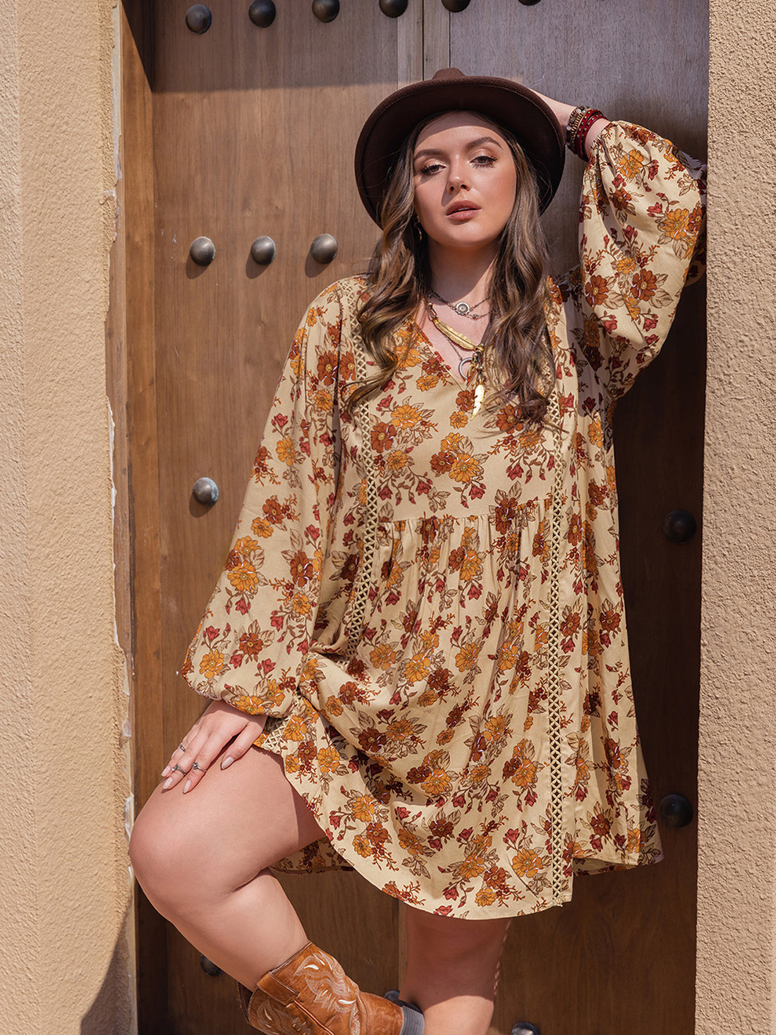Plus Size Printed V-Neck Balloon Sleeve Mini Dress 