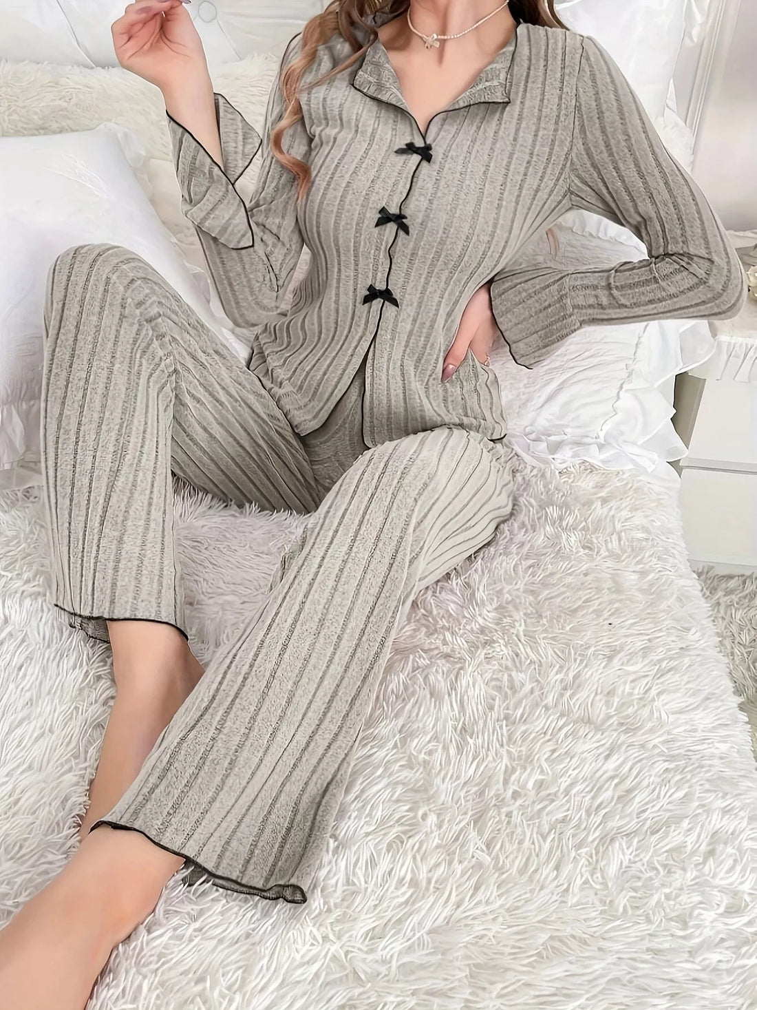 Ribbed Bow Front Top and Pants Lounge Set Lingerie & Nightwear