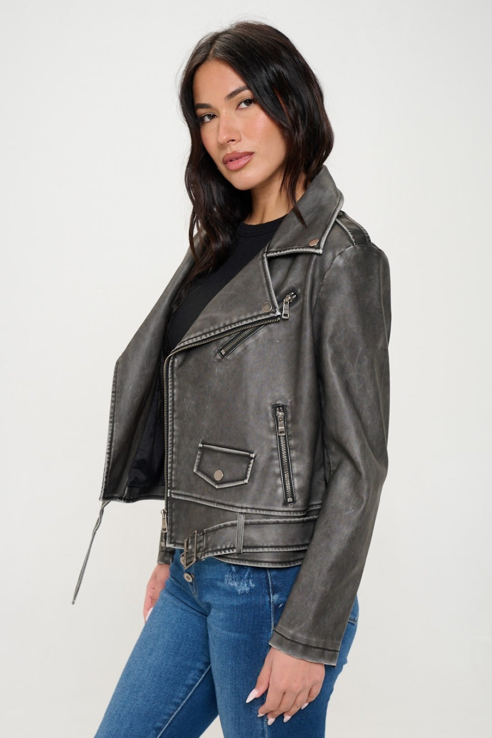 Coalition LA Zip Up Biker Jacket with Belt 