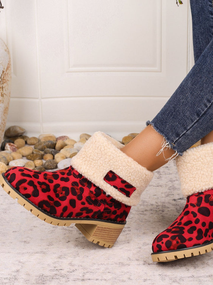 Leopard Block Heel Fuzzy Boots 