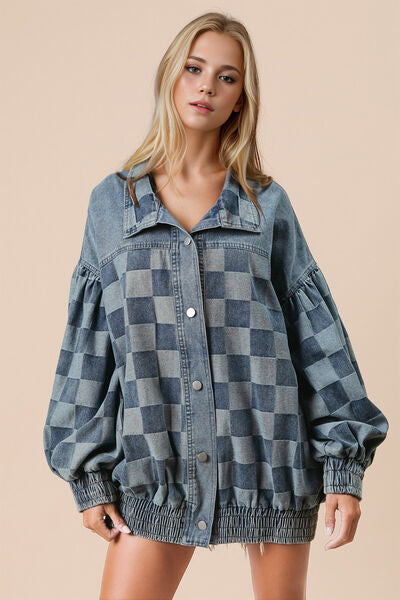 Double Take Checkered Button Up Denim Jacket 