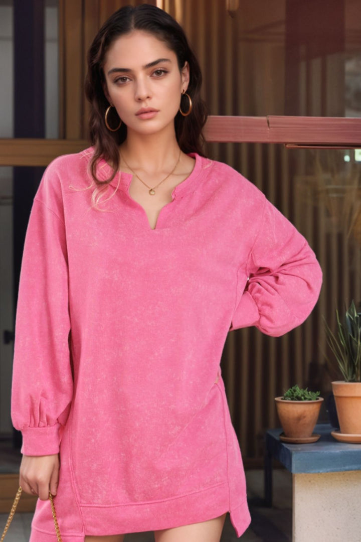 Notched Long Sleeve Oversize Sweatshirt 