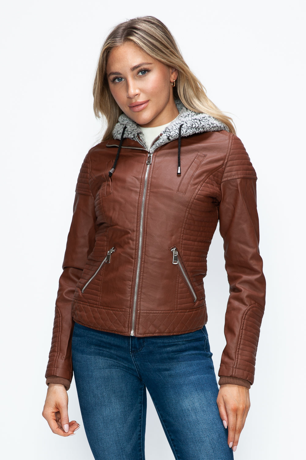 YMI Faux Layered Double-Zipper Jacket with Fuzzy Hood 