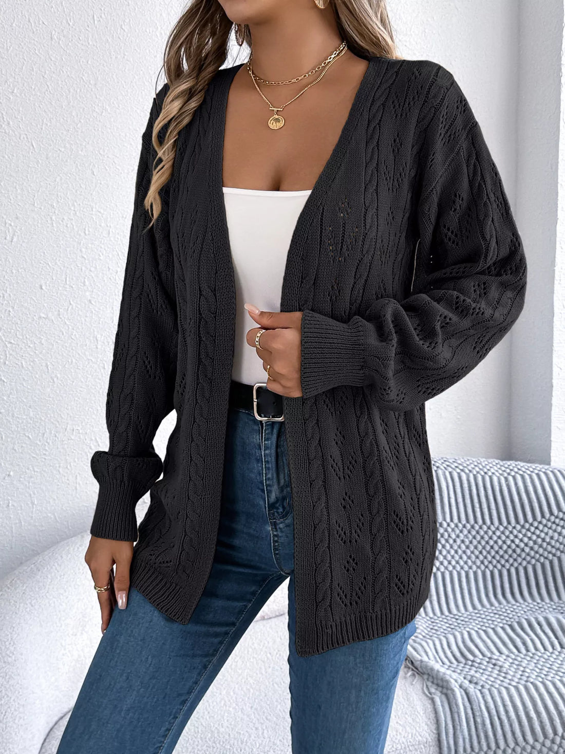 Openwork Open Front Long Sleeve Cardigan 