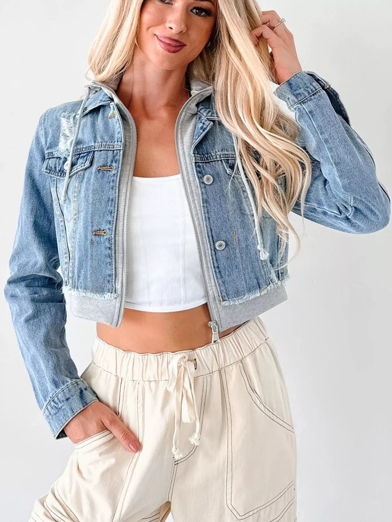 Distressed Zip Up Cropped Hooded Denim Jacket 