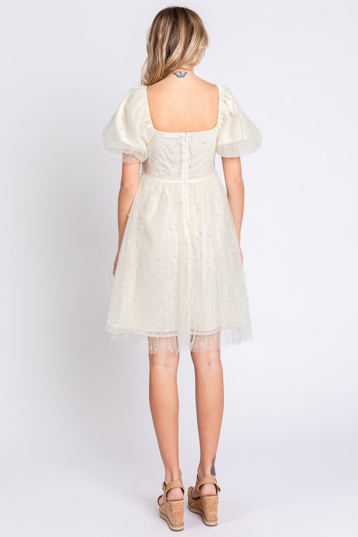 GeeGee Pearl Mesh Puff Sleeve Babydoll Dress 