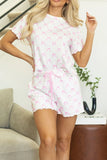Bow Print Lettuce Trim Round Neck Top and Shorts Lounge Set Lingerie & Nightwear