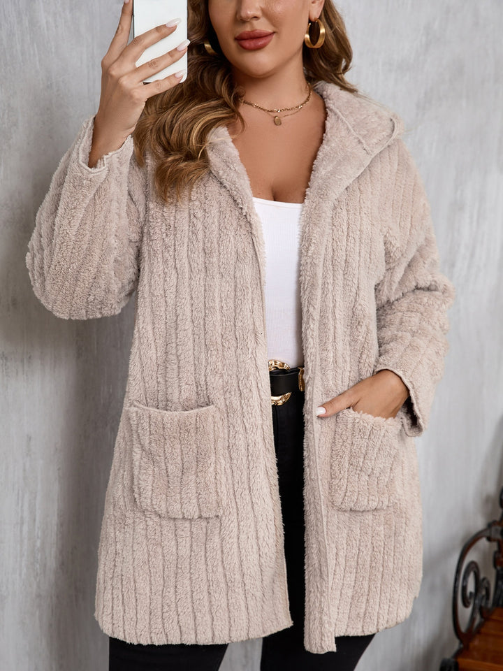 Plus Size Open Front Long Sleeve Hooded Fuzzy Jacket 