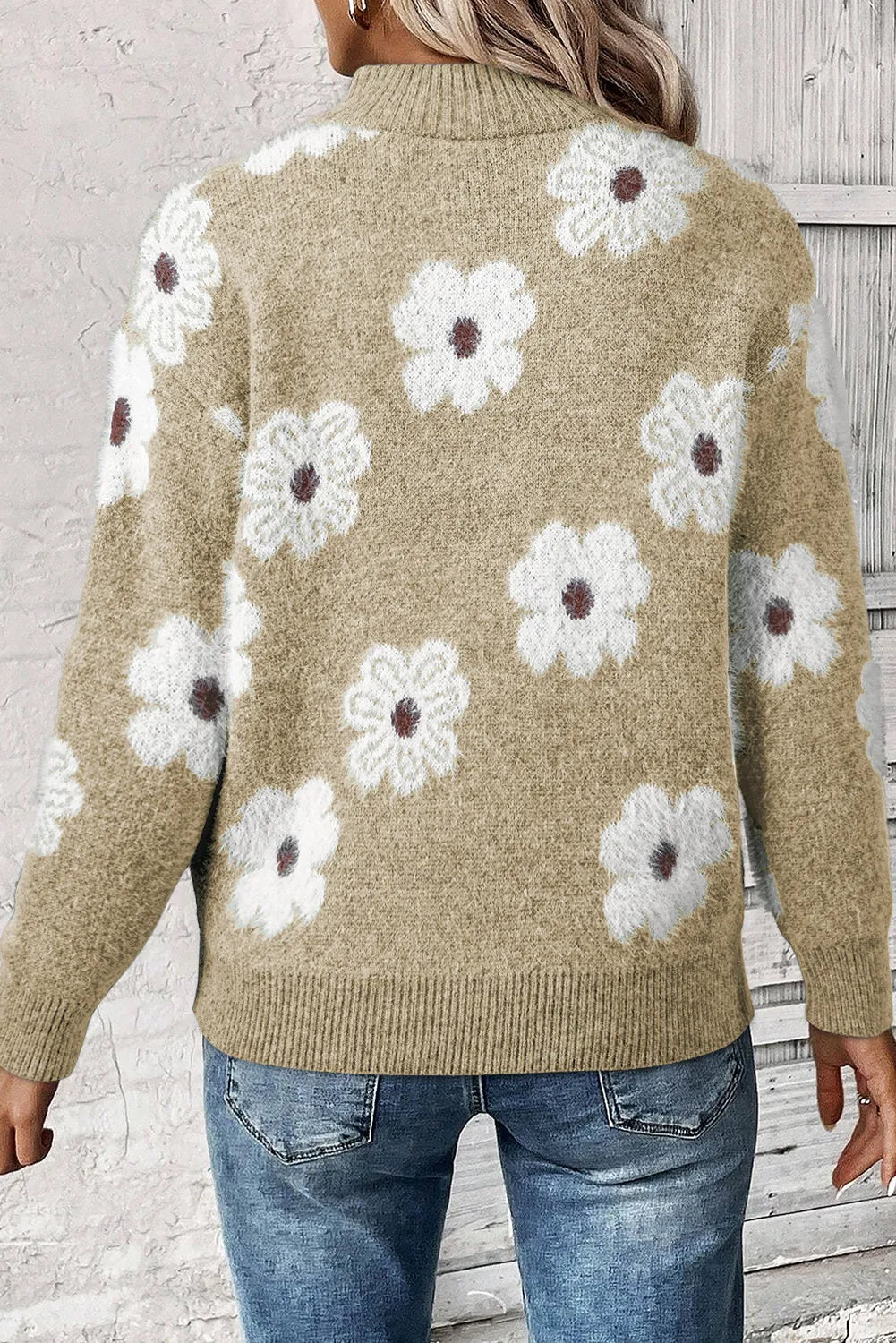 Flower Half Zip Long Sleeve Sweater 