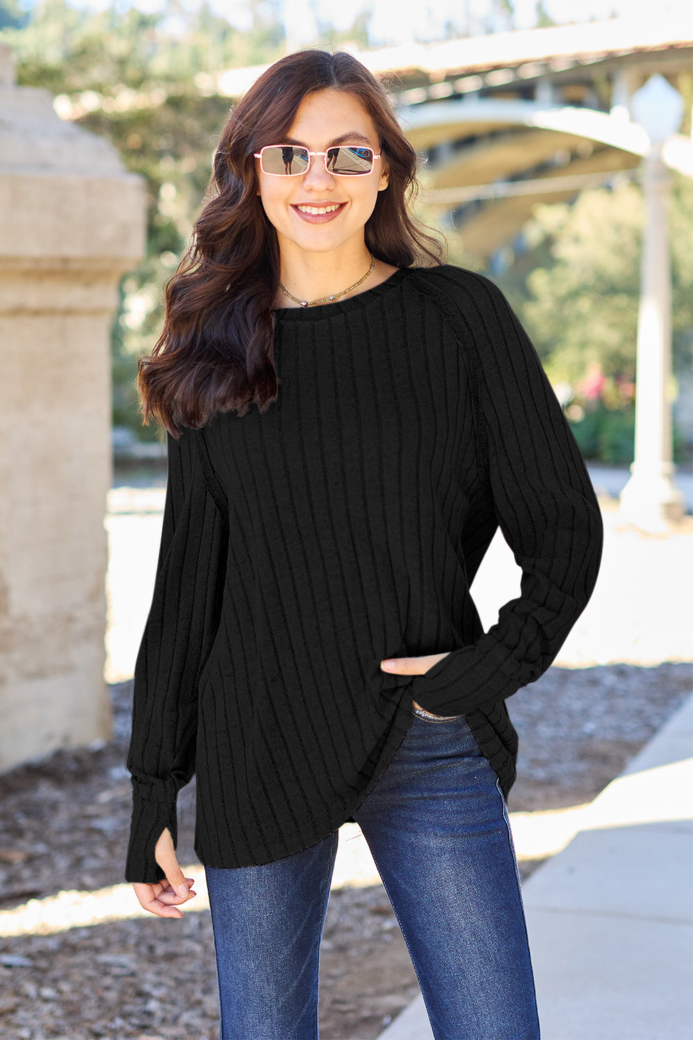 Basic Bae Full Size Ribbed Round Neck Long Sleeve Knit Top 