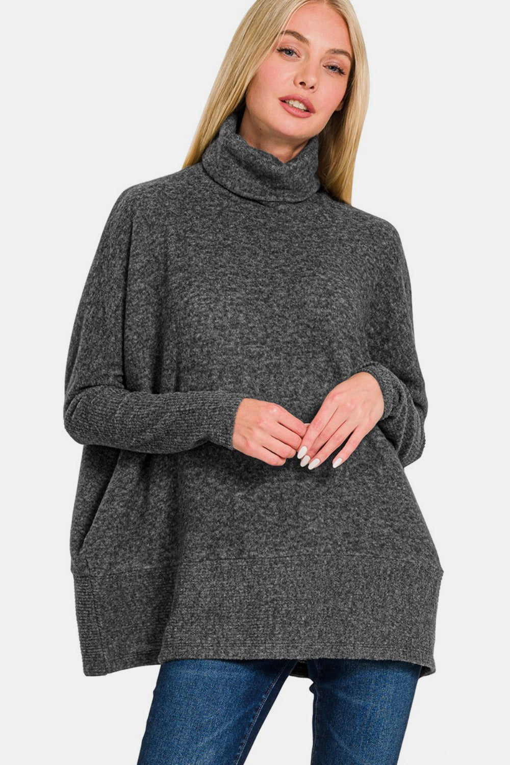 Zenana Full Size Brushed Melange Hacci Turtleneck Sweater 