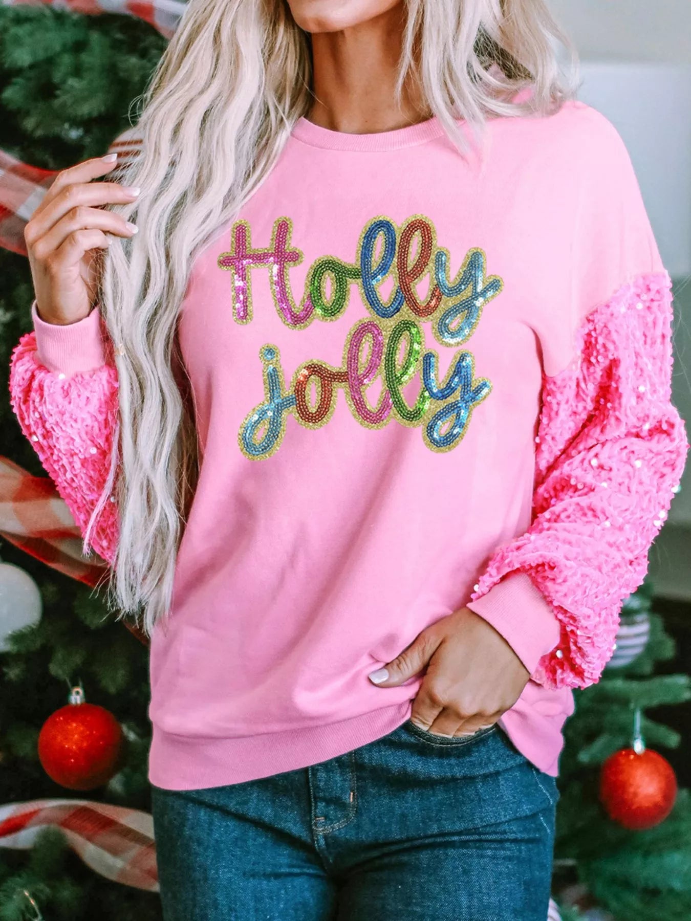 Holly Jolly Sequin Letter Drop Shoulder Long Sleeve Top 