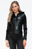 Snobbish Faux Leather Zip Up Drawstring Hooded Jacket 