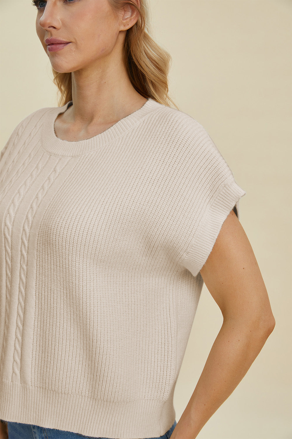 Double Take Full Size Cable-Knit Round Neck Short Sleeve Sweater 