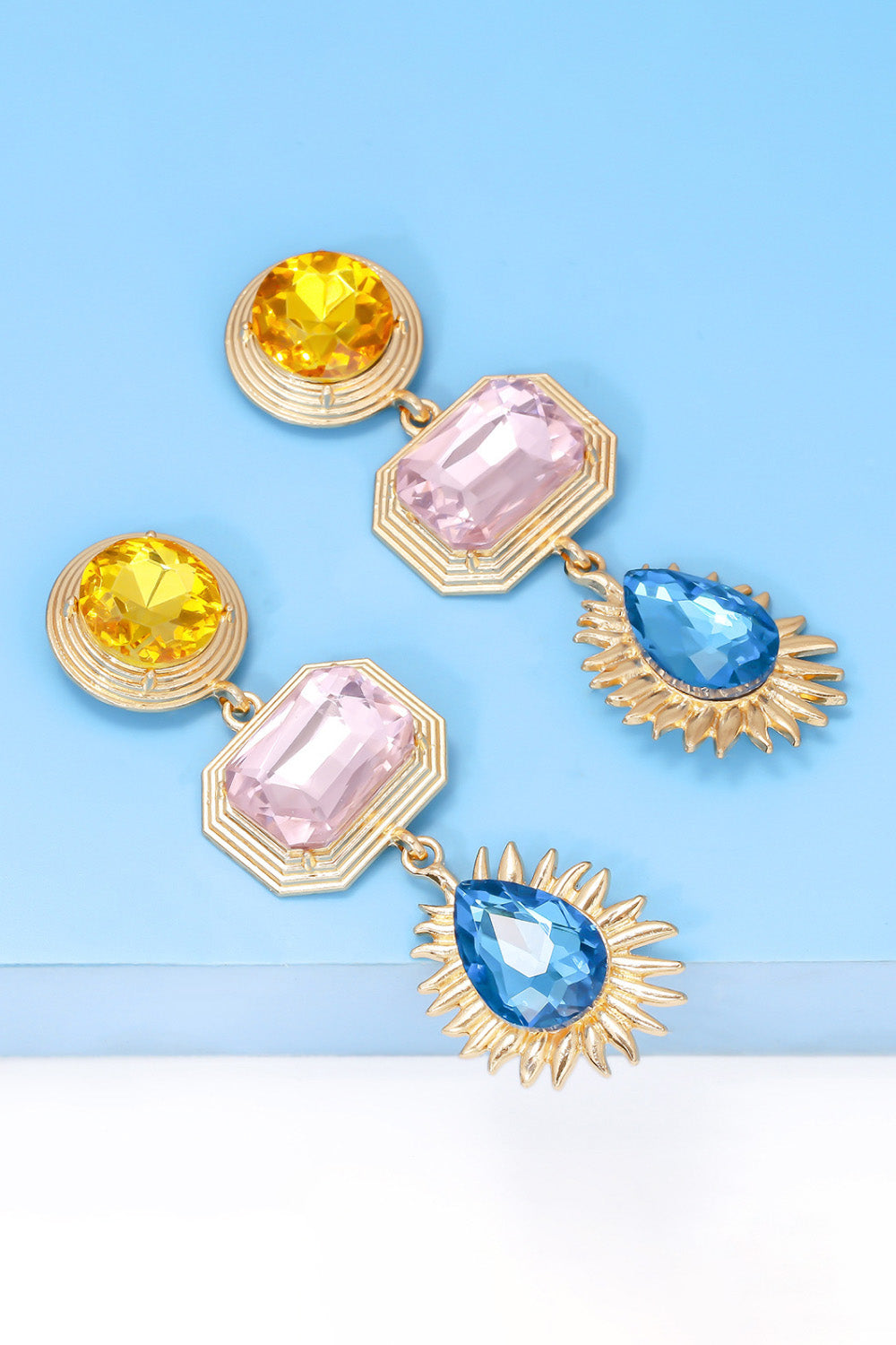 Geometrical Shape Zinc Alloy Frame Glass Dangle Earrings 