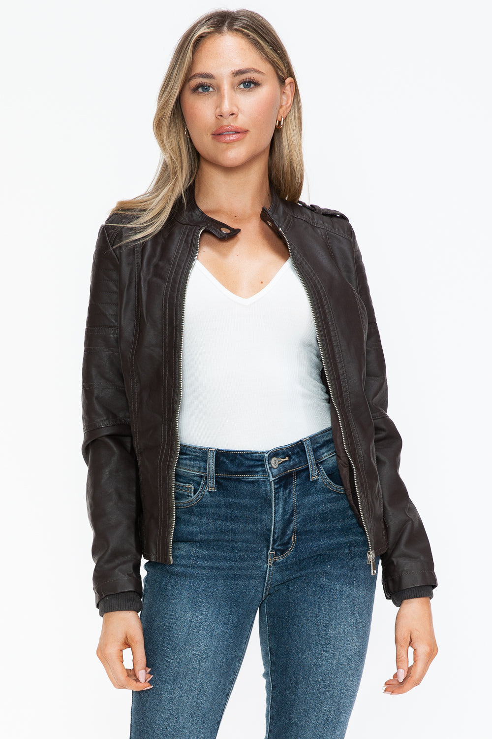 Snobbish PU Leather Biker Jacket with Side Zip Pockets 