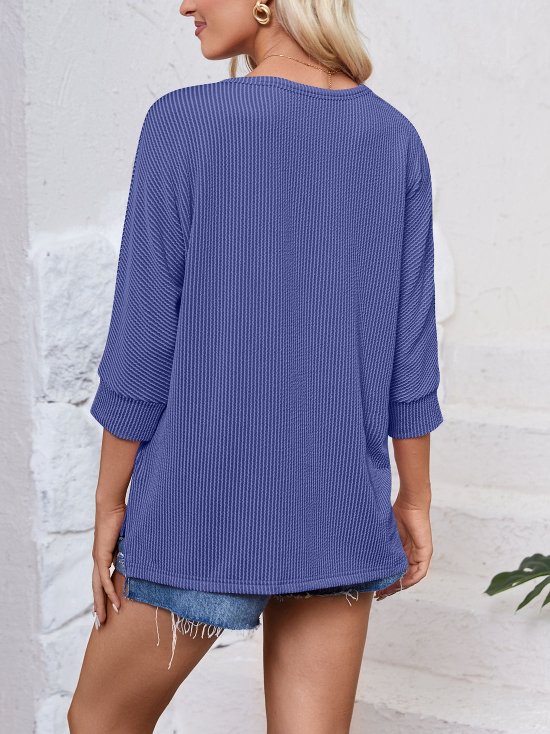 Lovelet Textured Round Neck Three-Quarter Sleeve Blouse 