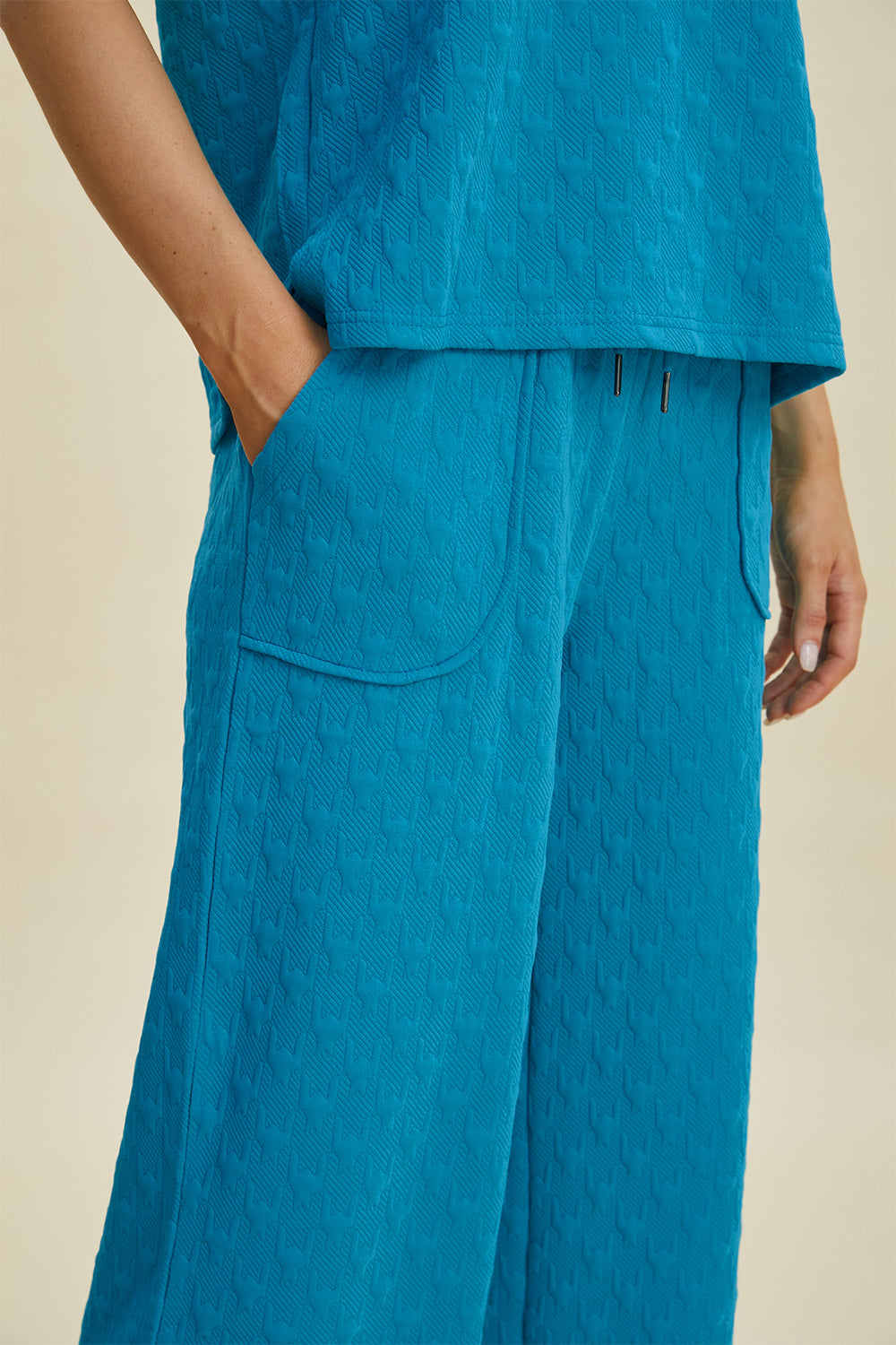 Double Take Full Size Texture Drawstring Short Sleeve Hoodie and Pocketed Pants Set 