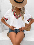 Ivy Lane Eyelet Embroidered V-Neck Short Sleeve Blouse 