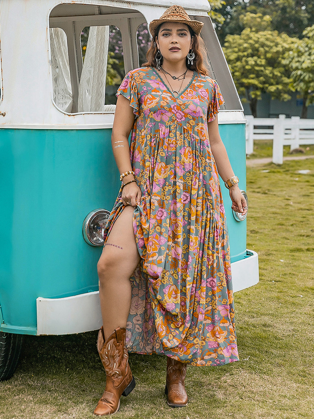 Plus Size Ruffled Printed Cap Sleeve Dress 