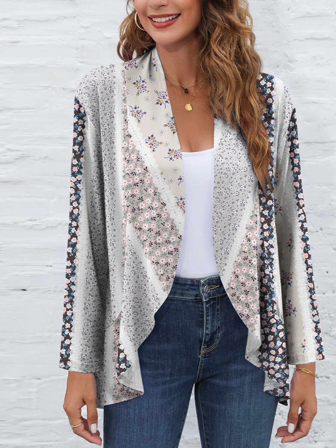 FAM-FAM Printed Open Front Long Sleeve Cardigan 