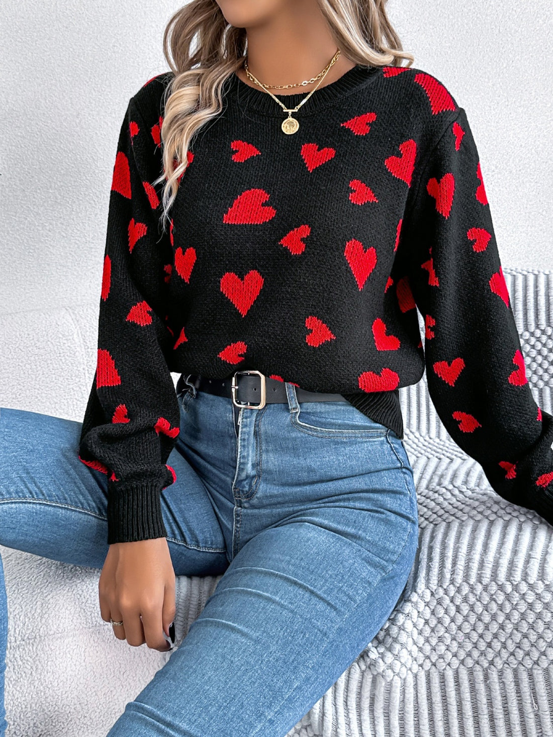 Heart Round Neck Long Sleeve Sweater 