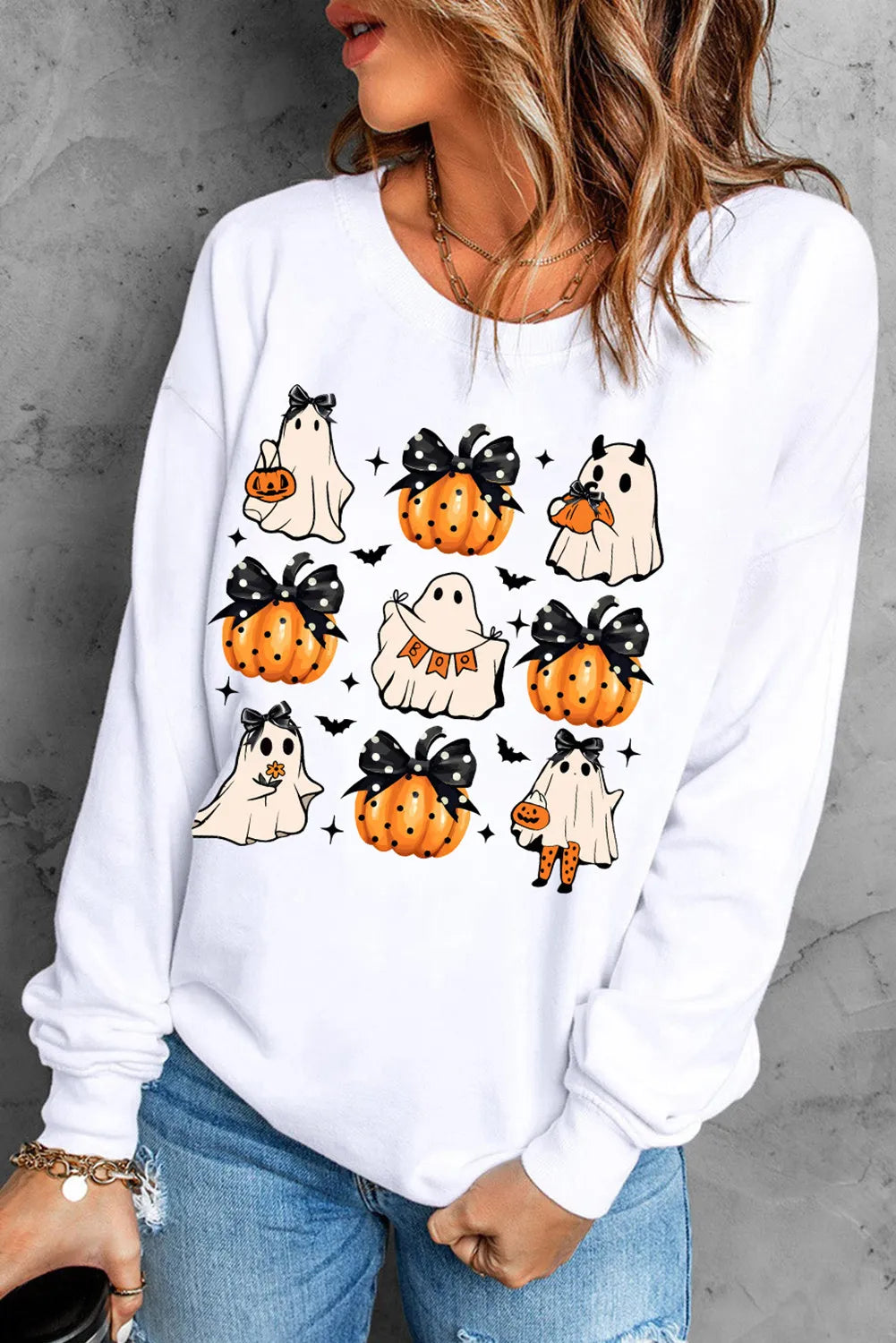 Pumpkin & Ghost Round Neck Long Sleeve Sweatshirt 